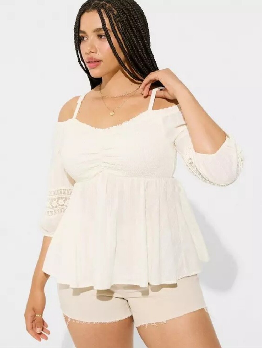 Torrid Womens Ivory 3X Smocked Front 3/4 Sleeve Cold Shoulder Top